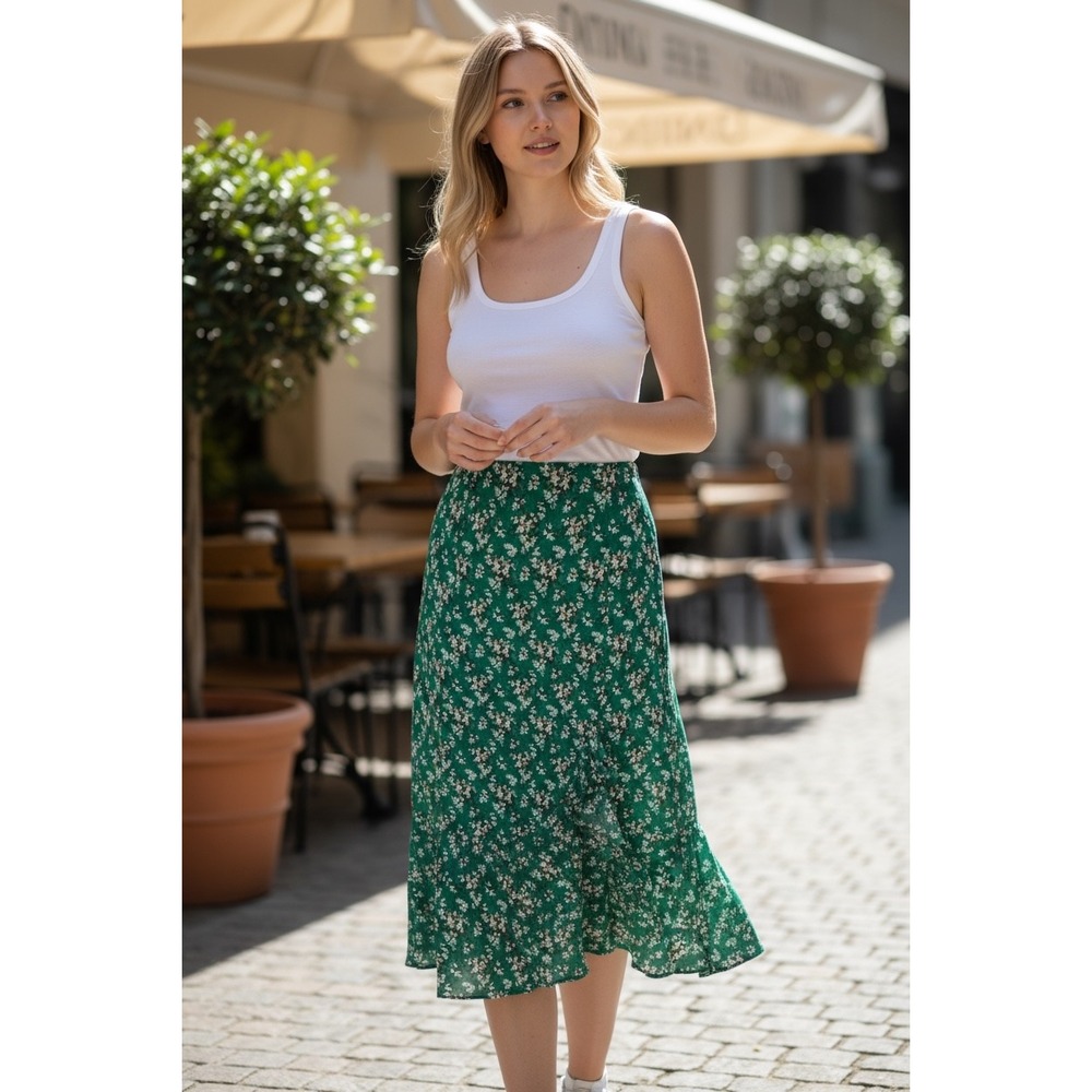 The Fifth Label Green Floral Print Midi Skirt Ruffle Hem Women's Size Small